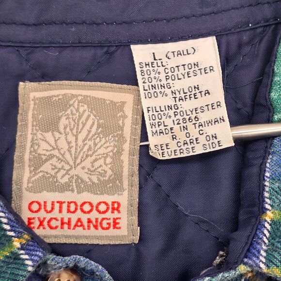 Vintage Outdoor Exchange Quilted Flannel Jacket Men's L Tall Green & Blue Plaid - Picture 4 of 7